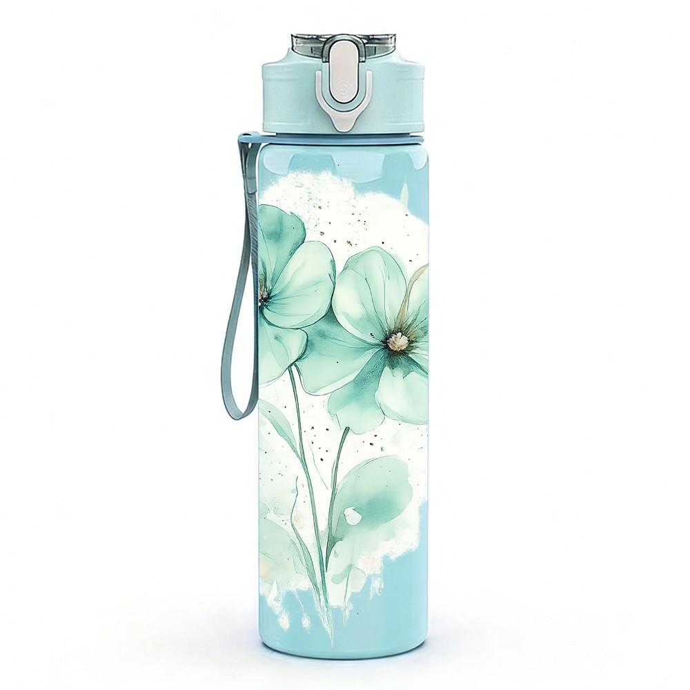 1PC Light Green Flower Watercolor Print 750ml Color Plastic Sports Water Bottle Leakproof Flip Straw Lid Suitable for Sports Office Home Use