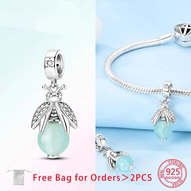 Original Copper Luminous Firefly Purple Zircon Firefly Heart-Love Charms Beads Pendant Fit Bracelet For Women Diy Gift