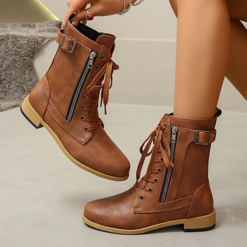 Martin Boots Autumn and Winter Flat Large Size Belt Buckle Low Heel Short Boots Women