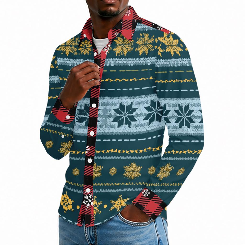 Men's Casual Long Sleeve Shirt with Christmas Print for Holiday Party and Fall