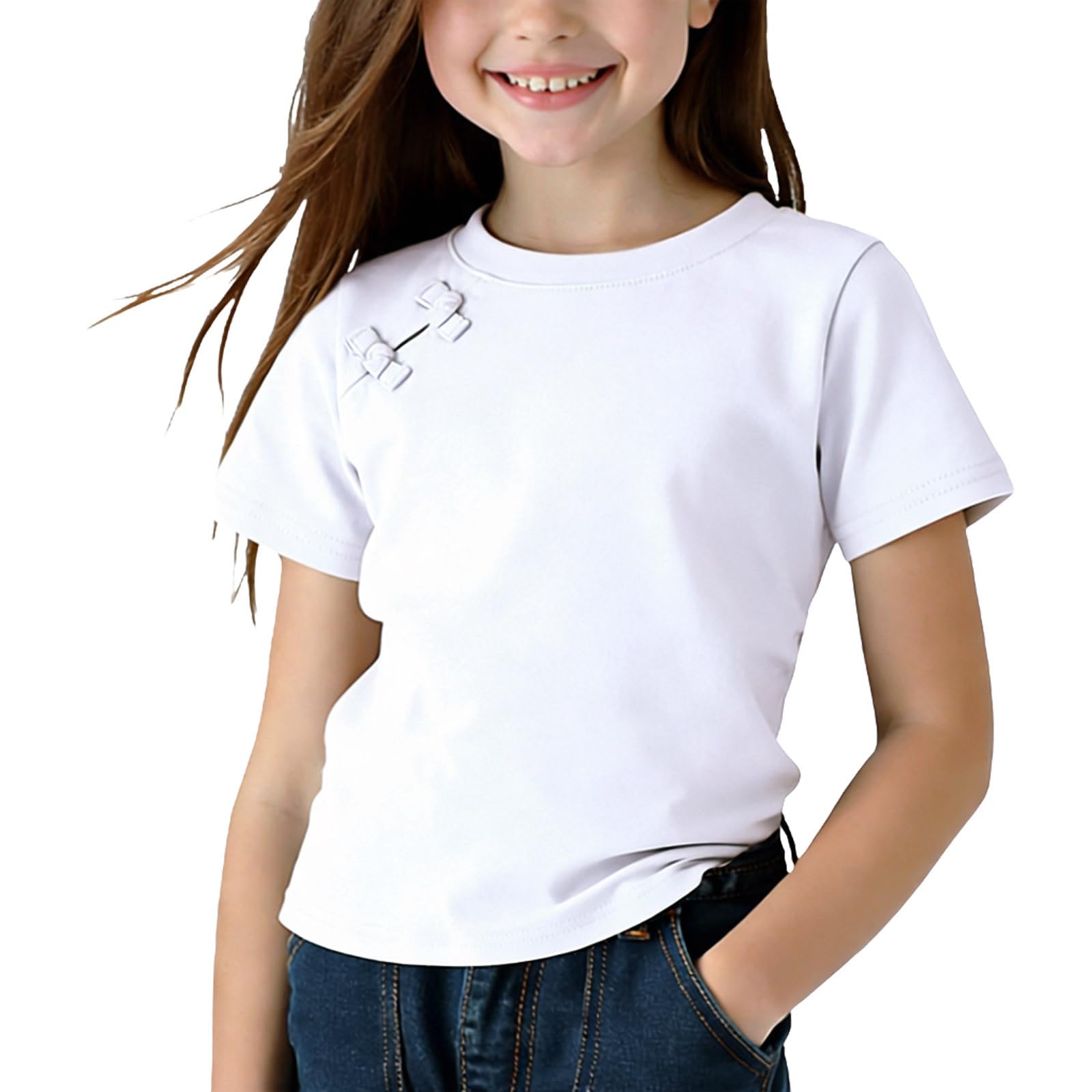 

Girls Casual Round Neck Short Sleeved T-shirt 110 білий