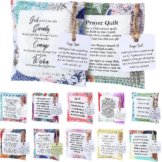 12 Pcs Mini Prayer Quilt with Cross ide, Bulk Vintage Scripture Prayer Quilt Squares Christian Gifts for Women Father's Day Pastor Appreciation