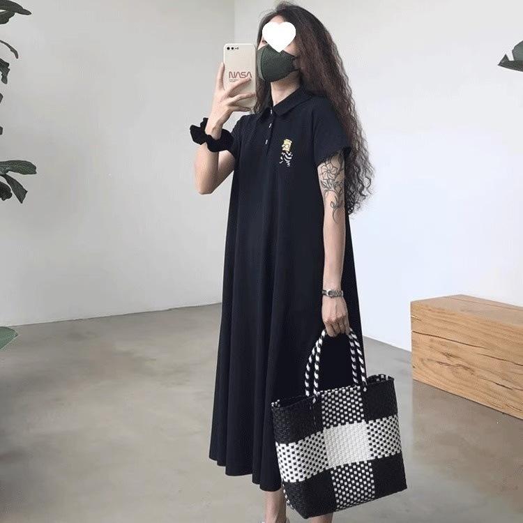 Extra large size collar embroidered dress, summer women's clothing loose and thin, covering meat temperament long dress