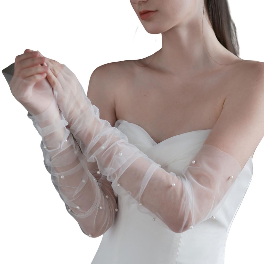Ruffled Glove Easy Elegant Arm Cover Pearls Long Sleeve Decorative Tulle for Wedding False Pearls Gloves Sheer