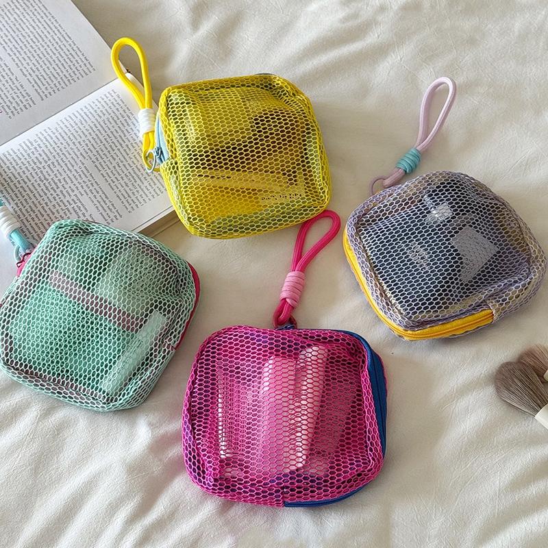 Square Mesh Cosmetic Bag Beach Bag with Zipper Colorful Makeup Bags for Women Cute Student Pencil Case Cosmetic Pouch