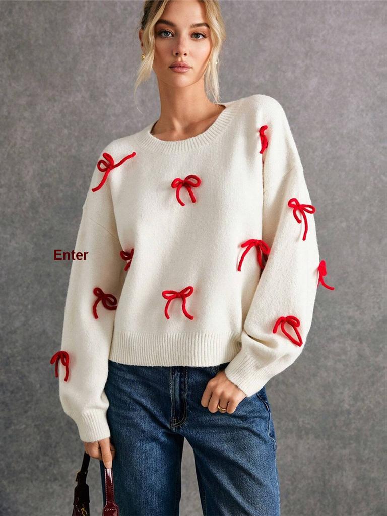 Red Bow Knot Loose Fit Crewneck Pullover Sweater Autumn Top