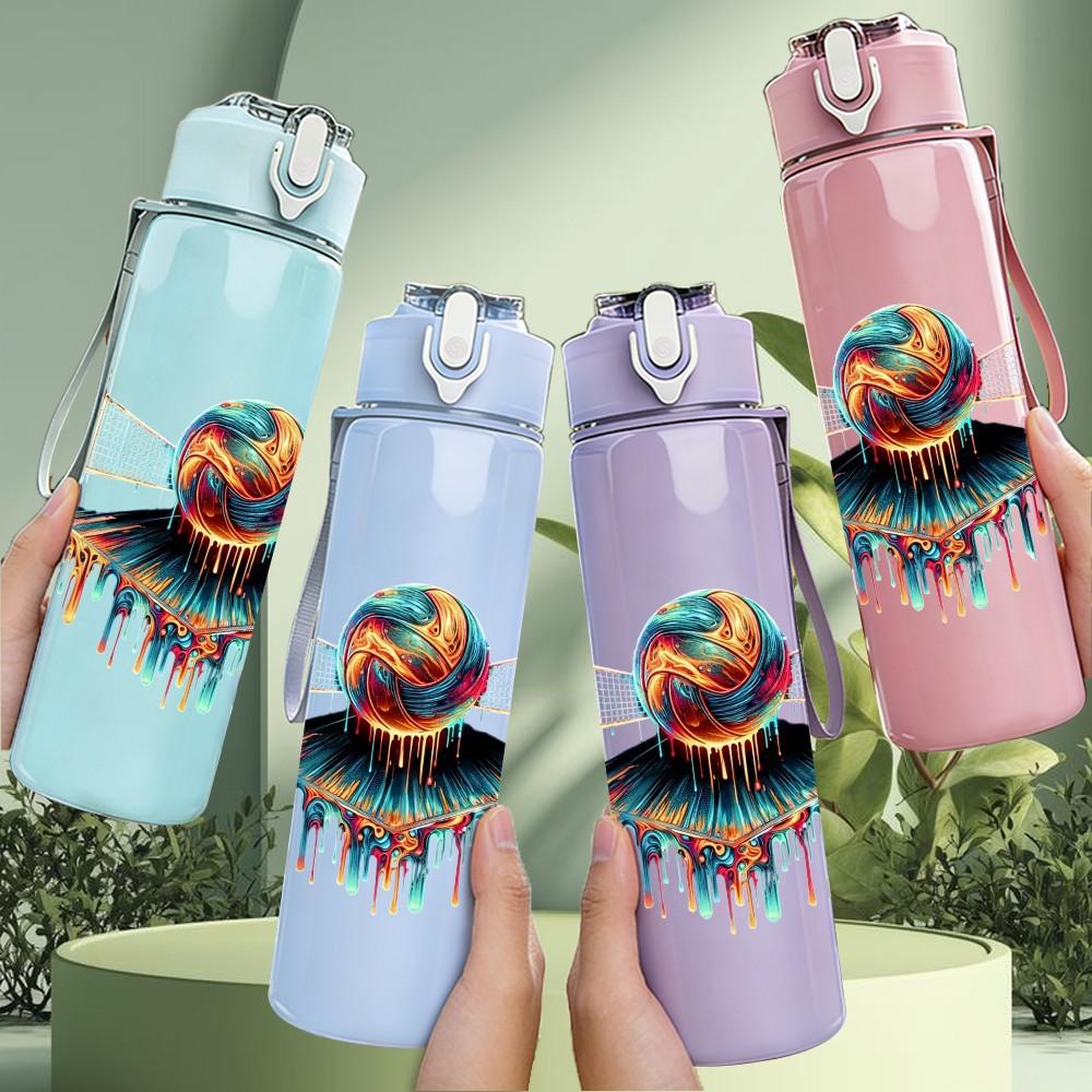 1PC Volleyball Fire Explosion Art Print 750ml Color Plastic Sports Water Bottle Leakproof Flip Straw Lid Suitable for Sports Office Home Use