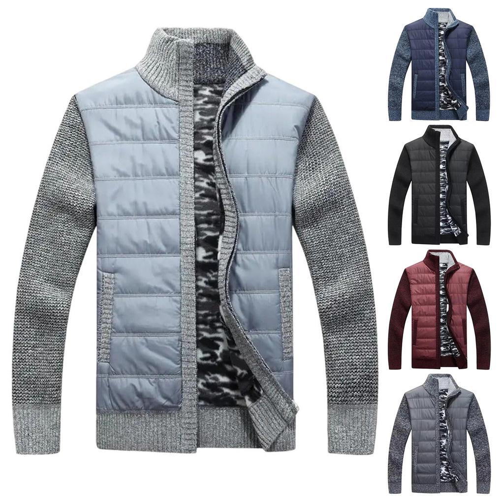 Men's Stand-up Collar, Fleece And Cotton Long-sleeved Cardigan, Zippered Warm Knitted Sweater