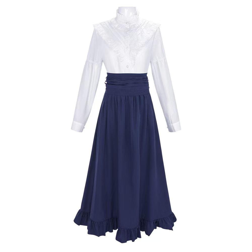 Vestido victoriano renacentista vintage, conjunto de camisa con cuello alto fruncido y falda, adecuado para cosplay, fiestas de té y eventos temáticos