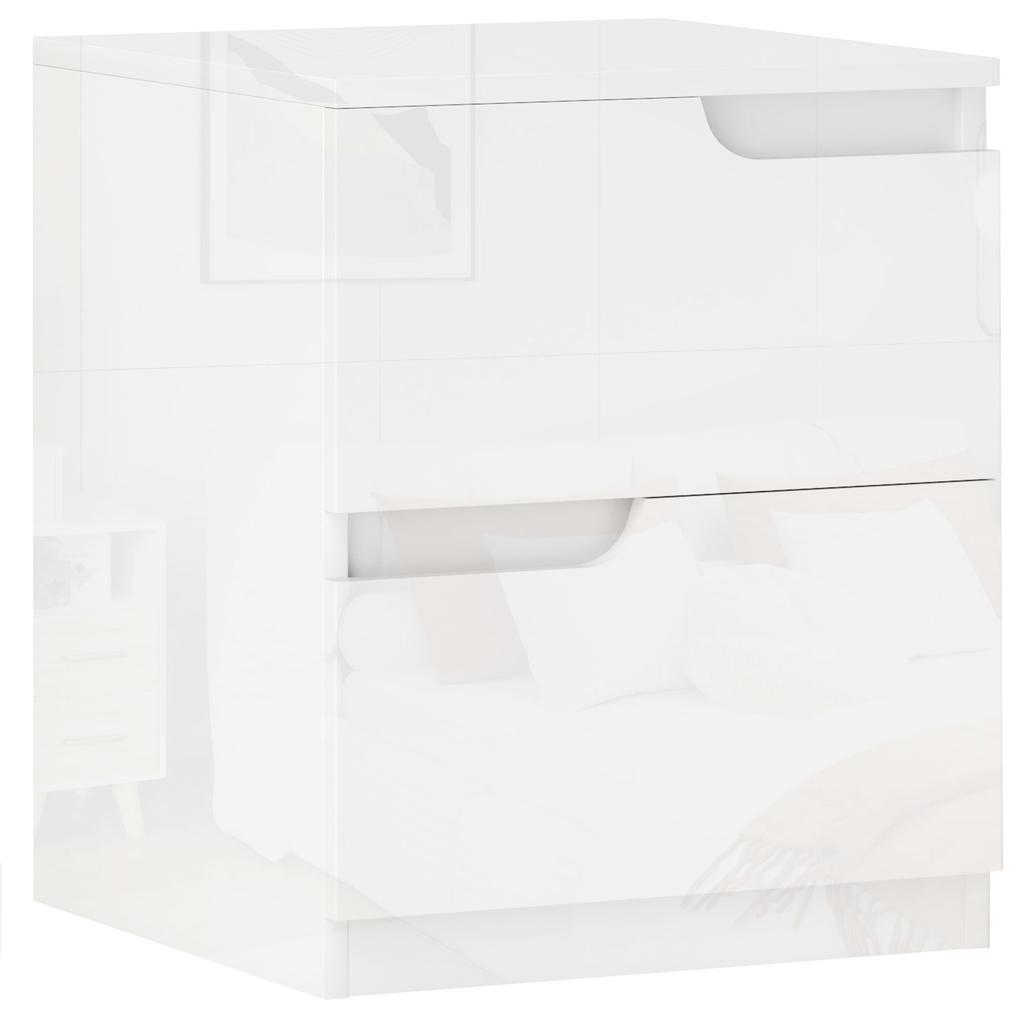 Modern Wooden Bedside Table with 2 Drawers and Glossy Design, 40x40x48 Cm, White