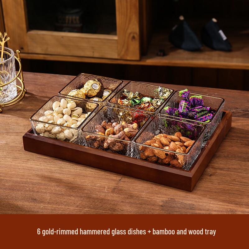 Japanese Style Gold Rim Hammered Glass Serving Set with Bamboo Tray