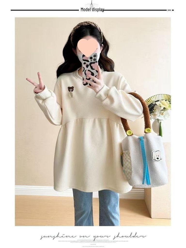 2025 Koreanischer Stil Lockerer Rundhals Fleece Umstandspullover für Herbst/Winter