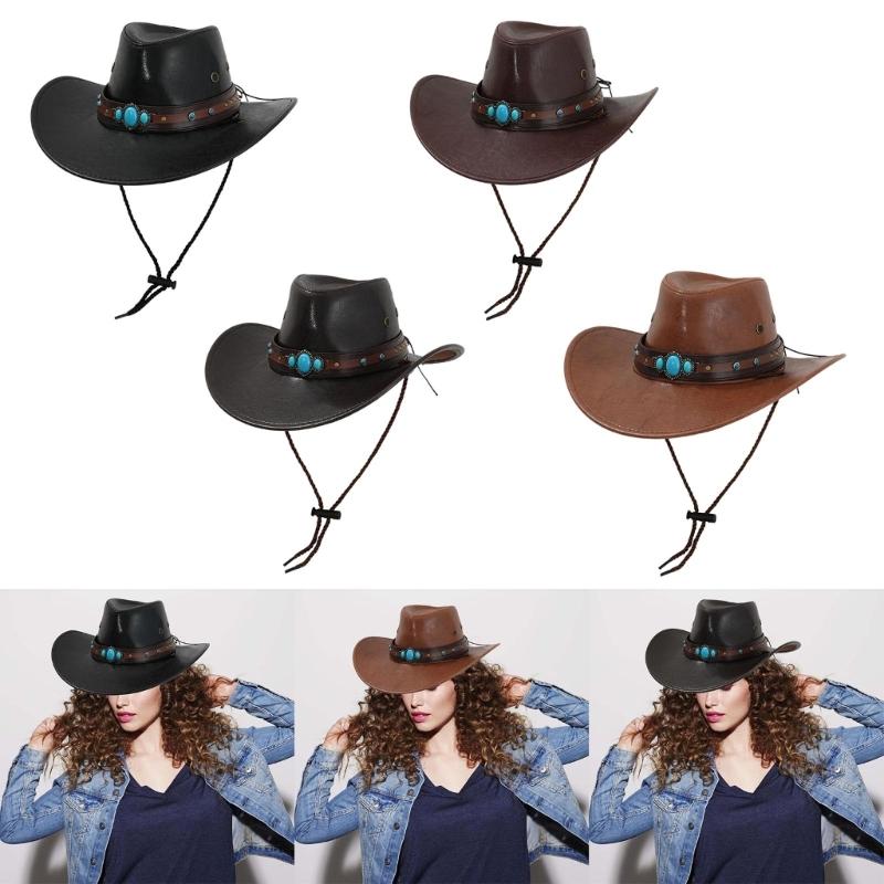 PU Leather Hat Unisex Western Hat Wide Border Hat Sun Protecting Hats Hiking for Western Themed Celebrations