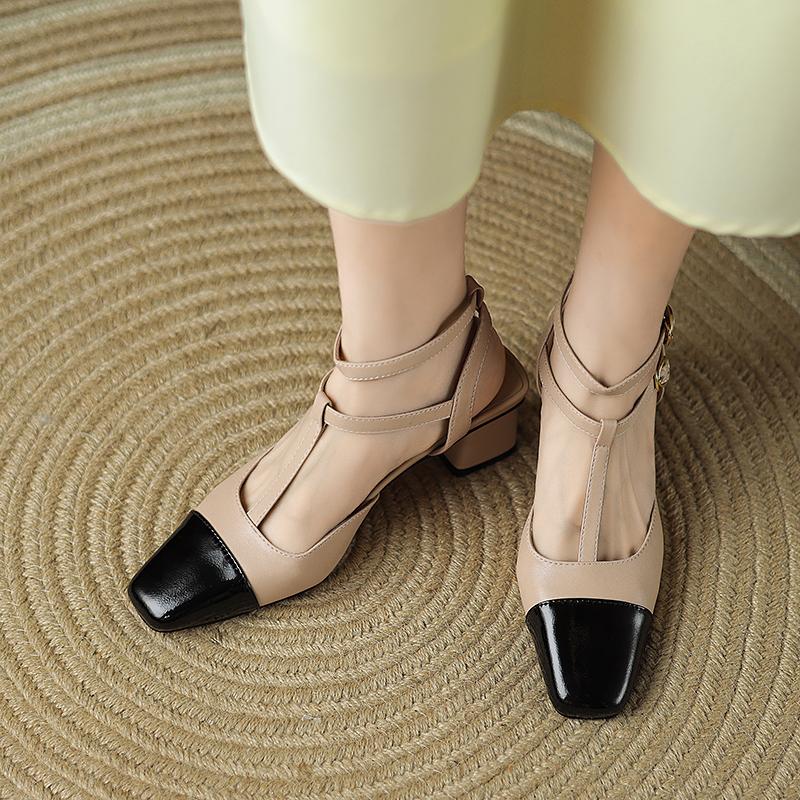 Fashion Size 34-40 Women Sandals Genuine Leather T-Strap Square Toe High Heel Summer Shoes 2025 Ins Vintage Office Daily Heels Women