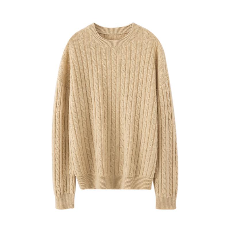 Women's Cashmere Cable Knit Sweater – Round Neck Pullover for Autumn/Winter, Simple and Versatile.