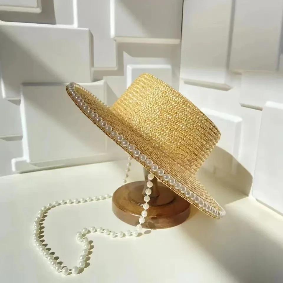 Women's Summer Sun Protection Sun Hats with Pearl Chain, Eaves Straw Fashion Straw Hats for Outdoor Travel