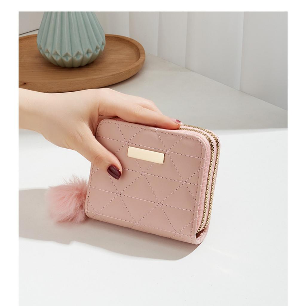 Small Fur Ball Bag, Double Layered Wallet, Diamond Grid, Ladies', Short, Hand-held, Coin Purse