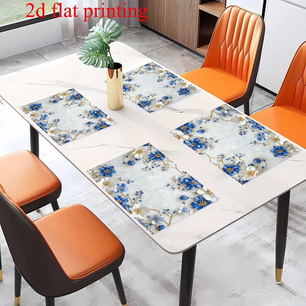 4pcs 2D FLAT Digital Print Placemats, Blue and White Floral with Golden Vines, Light Luxury Style Patterned Printed Placemats, To Make Your Dining