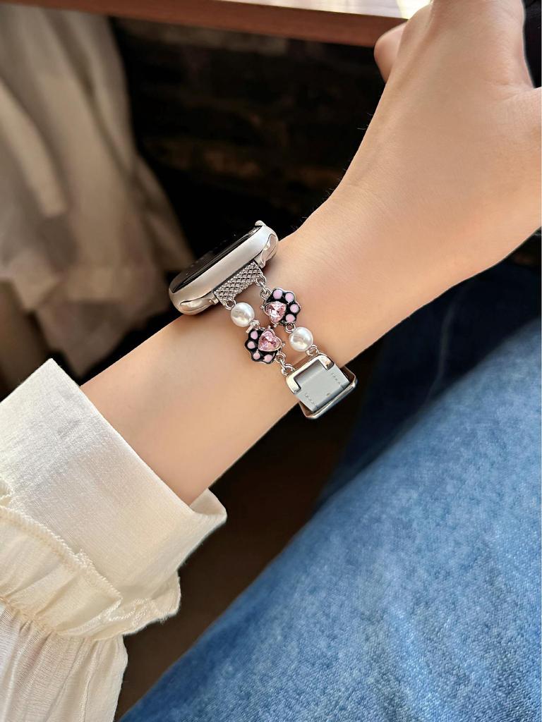 Cat Paw Pearl Leather Strap for Apple Watch Series 11, Xiaomi Band 8/9/10, Huawei Fit.