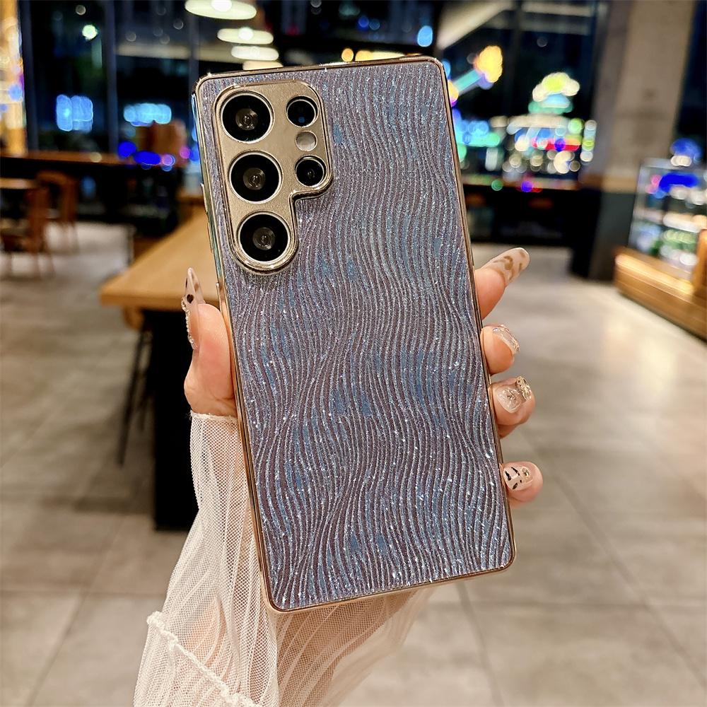 Glitter Water Flow Pattern PU Leather Case for Samsung Galaxy S25 Edge S24 Ultra S23 FE Plating Camera Lens Protection Cover