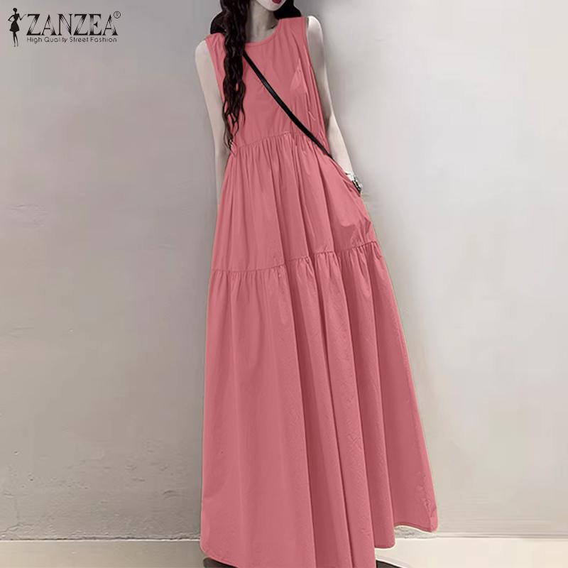 ZANZEA Women Loose Casual Round Neck Sleeveless Long Dress