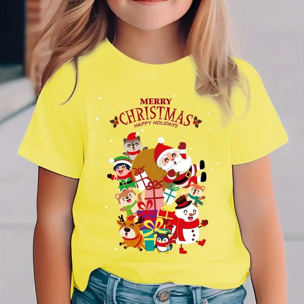 Christmas Summer Fashion Girls' Short Sleeved T-shirt with Santa Claus, Snowman, Cartoon Pattern Print