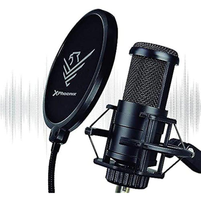 Phoenix Technologies - Microphone condensateur Professionnel Studio, Streaming, Bras articulé réglable, Support Anti-Vibration,