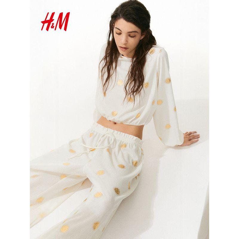 

HM 2025 Summer New Women clothes Wrinkle Feeling Jersey Top 1292336 White/Gold 155/80(XS)