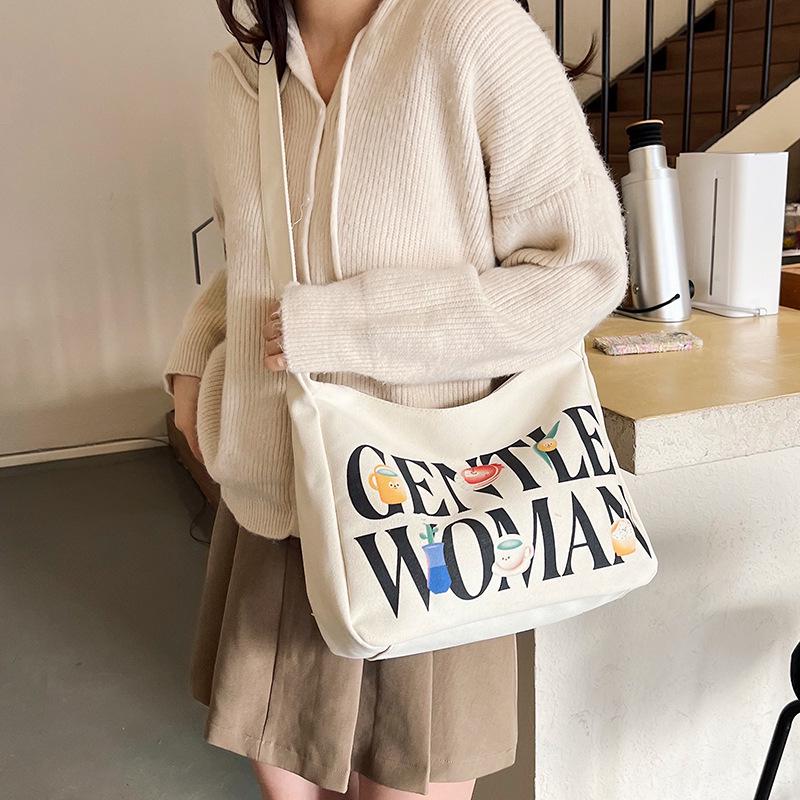 Women's Large Capacity Canvas Crossbody Bag with Letter Print - Versatile Fashion Shoulder Bag for Everyday Use