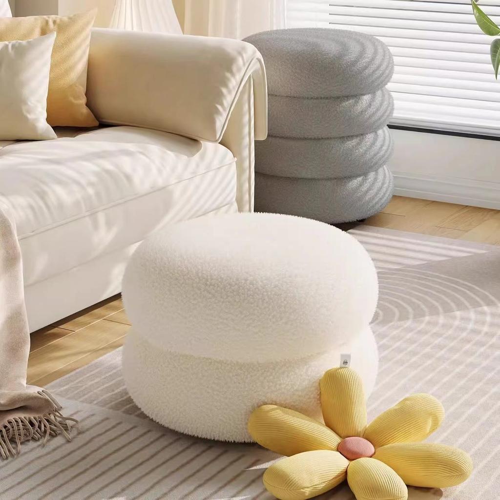 Modern Cream Round Stool - Low Seating for Living Room Sofa, Bedroom & Shoe Changing, Velvet Upholstered Home Decor Accent Piece