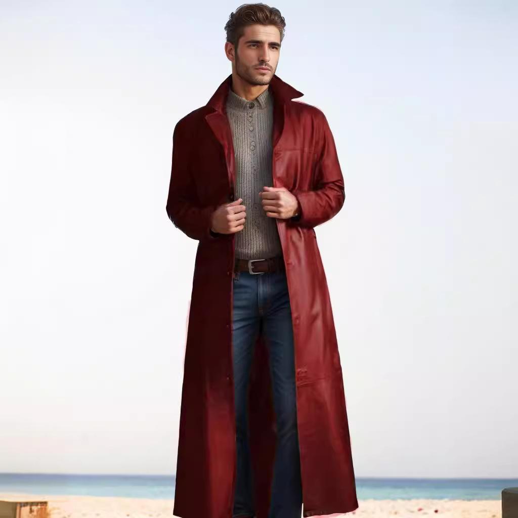 New Spring Commuter Men's Leather Jacket Extended Fashion Suit Collar Casual PU Leather Jacket Over Knee Leather Jacket