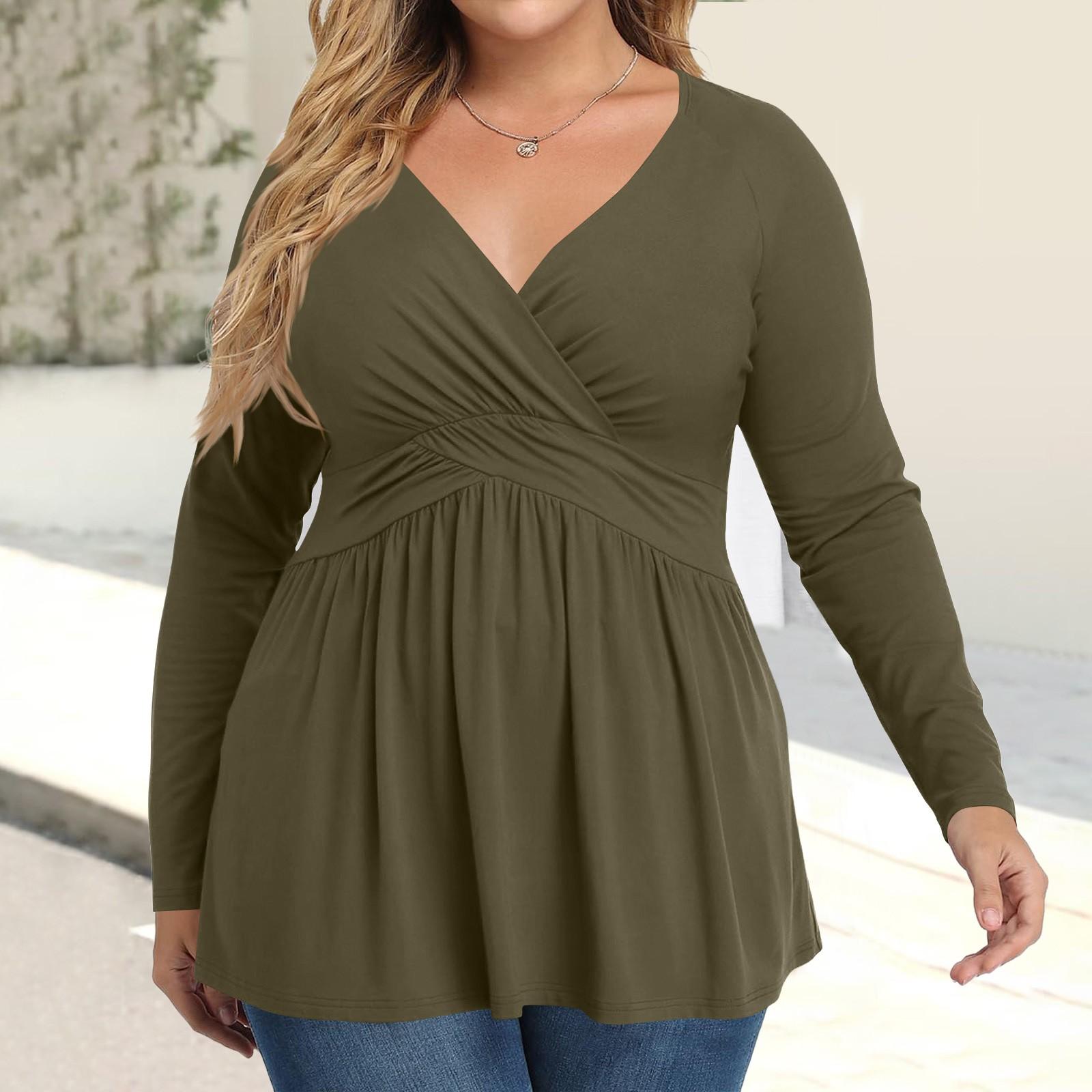 

Women s Plus Size Shirt Long Sleeve Solid Color Top Pleated Casual V-Neck Top L