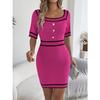 HNXC Spring Summer Elegant Square-neck Button Short-sleeved Knitted Hip-hugging Dress for Women