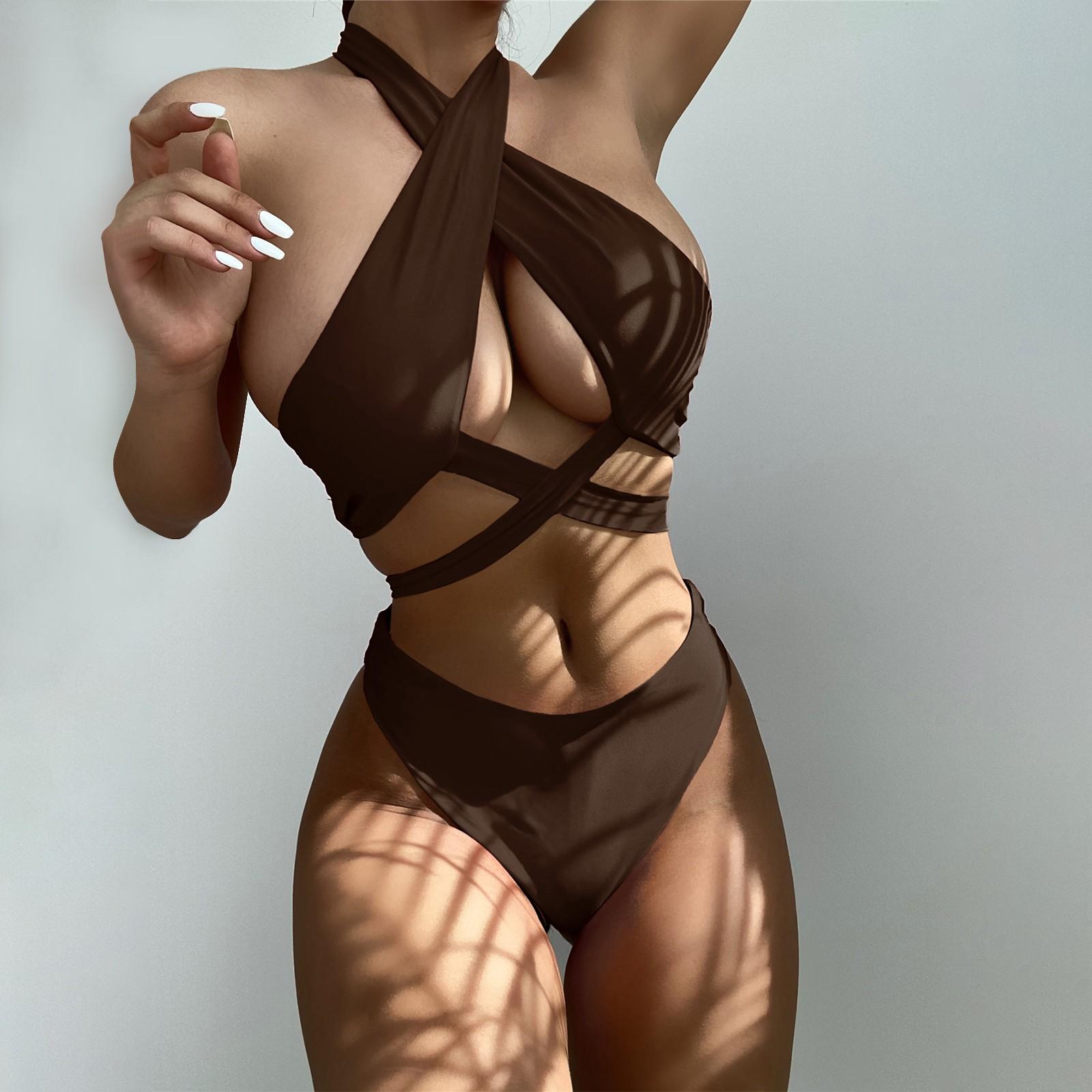 Fashion Sexy Retro Bikini Swimsuit Body Swimsuit Sexy Neck Strap Bikini 1014wz S кофейный