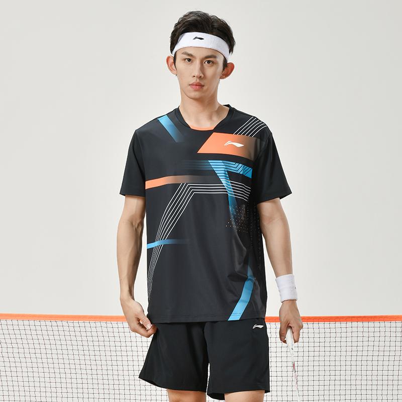 Li Ning Badminton Series Striped Geometric Pattern Crew Neck Straight Cut Short Sleeve T-Shirt Men Tops Black AAYU137-1