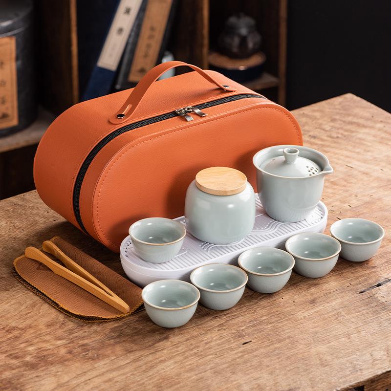 Celadon Ge Kiln Opening Film Can Raise Outdoor Portable Travel Tea Set, One Pot and Three Cups of Kuaike Tea Cup Gifts