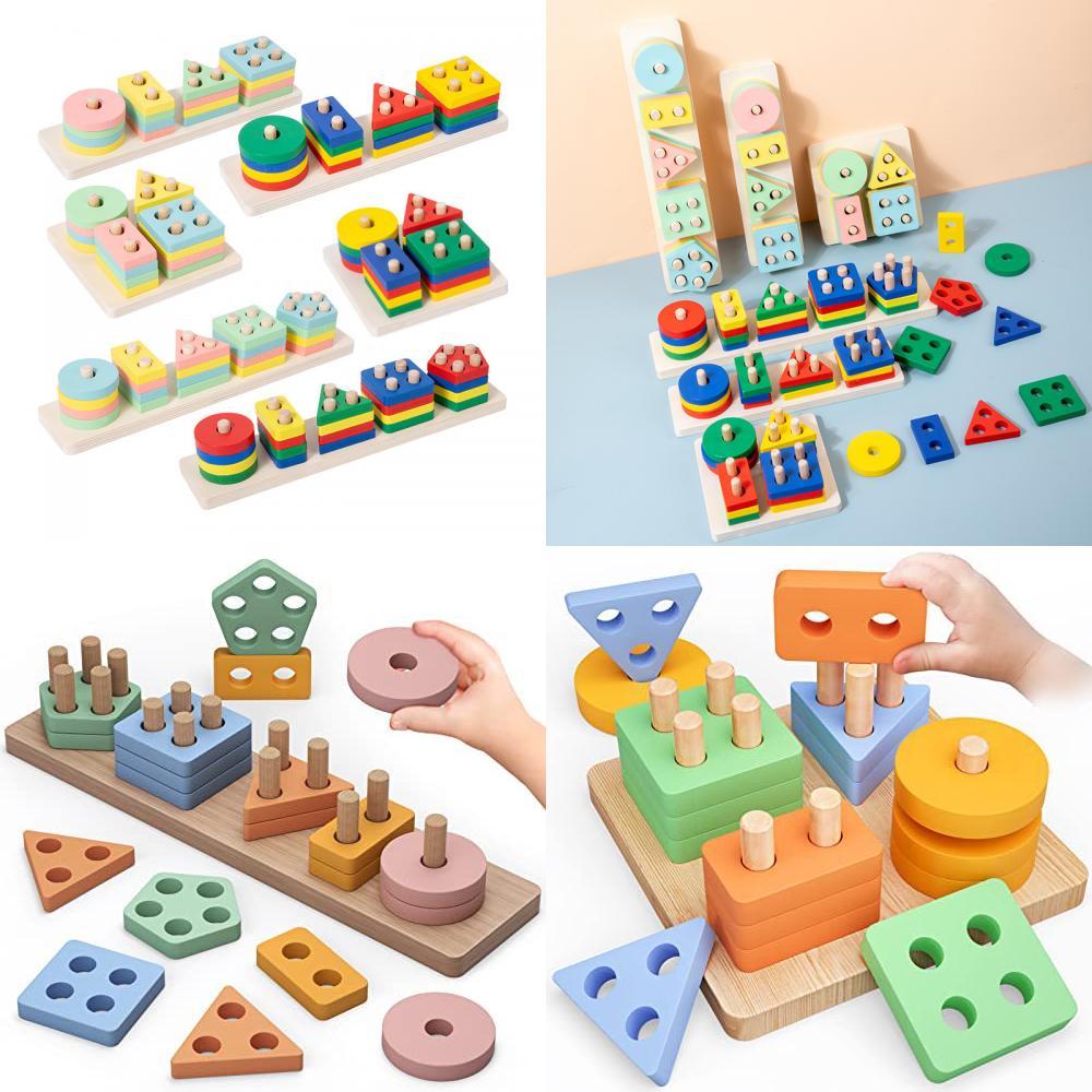 Wooden Geometric Shape Sorting Stacking Early Education Toy For Toddlers Color Recognition And Cognitive Development