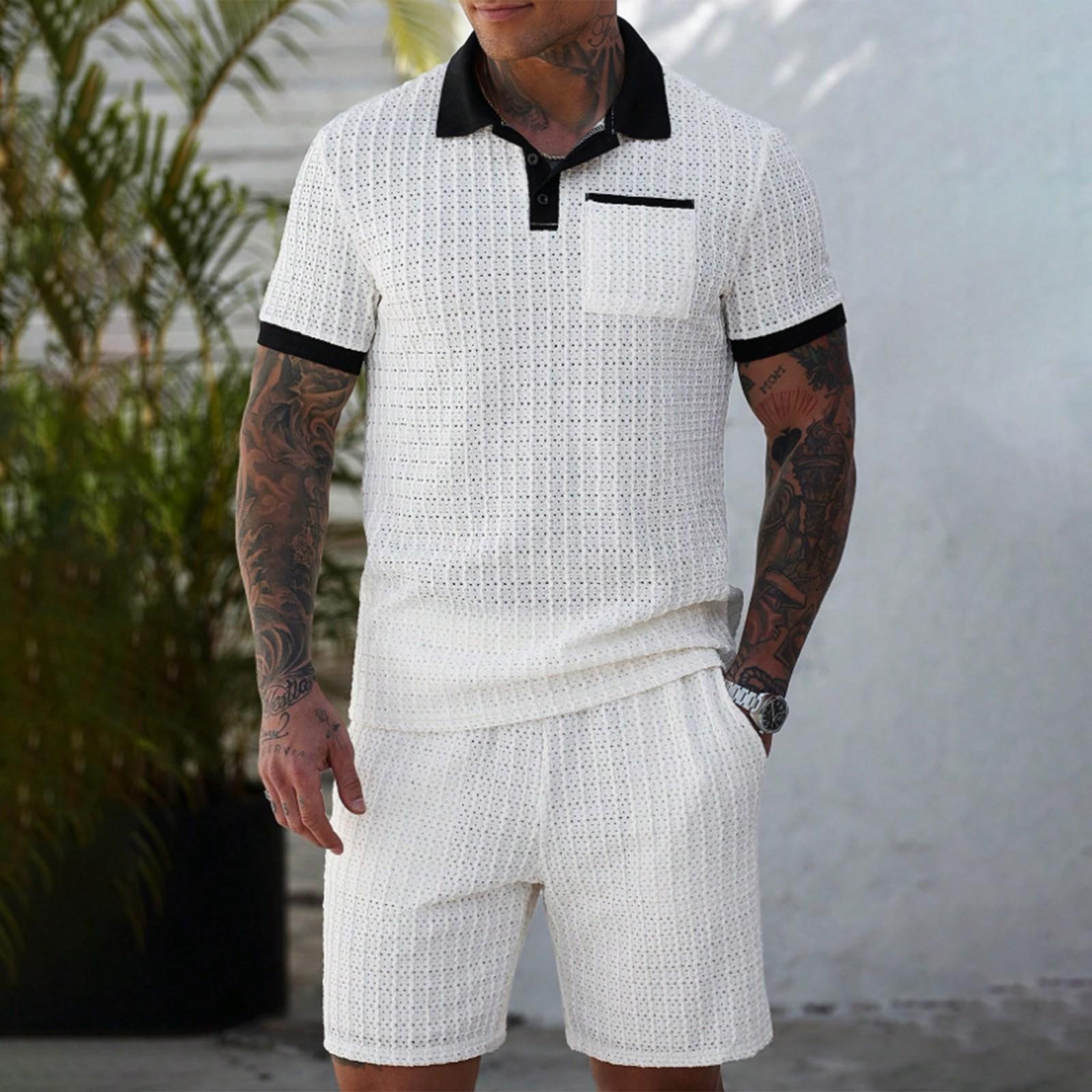 

Мужской летний однотонный комплект рубашки с воротником на пуговицах и шорт с полой текстурой XXL белый