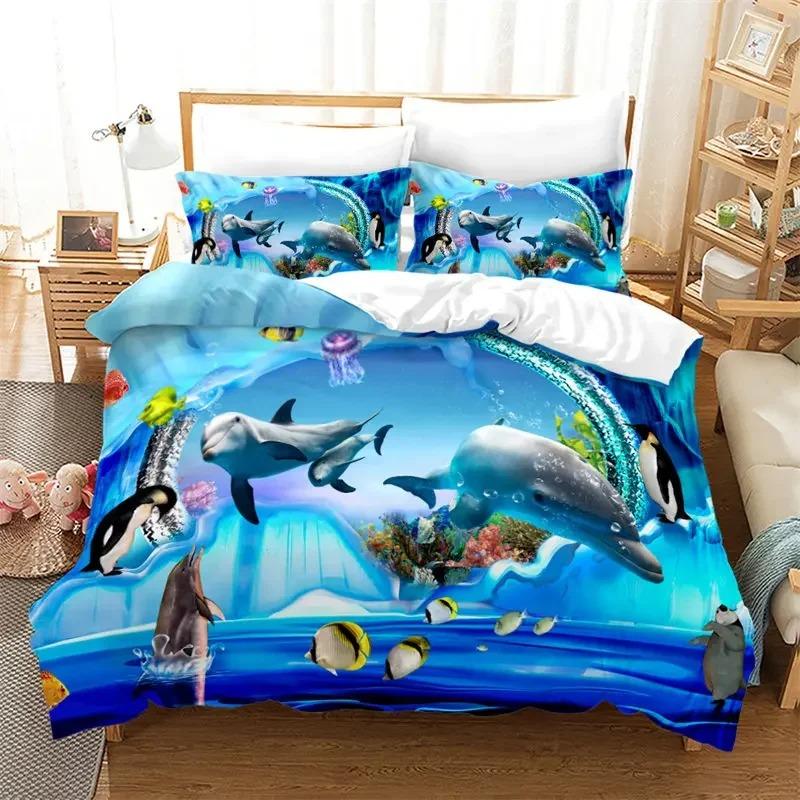 Kids Cartoon Ocean Fish Duvet Cover Microfiber Marine Theme Bedding Set Sea Underwater World Quilt Cover Queen For Boys Girls
