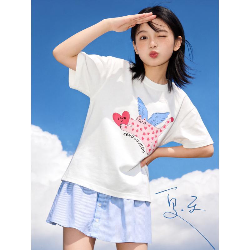 Girls  Summer 2026 Loose Casual Short-Sleeve Printed T-Shirt for Teens & Kids 170cm (Height 165-170cm)
