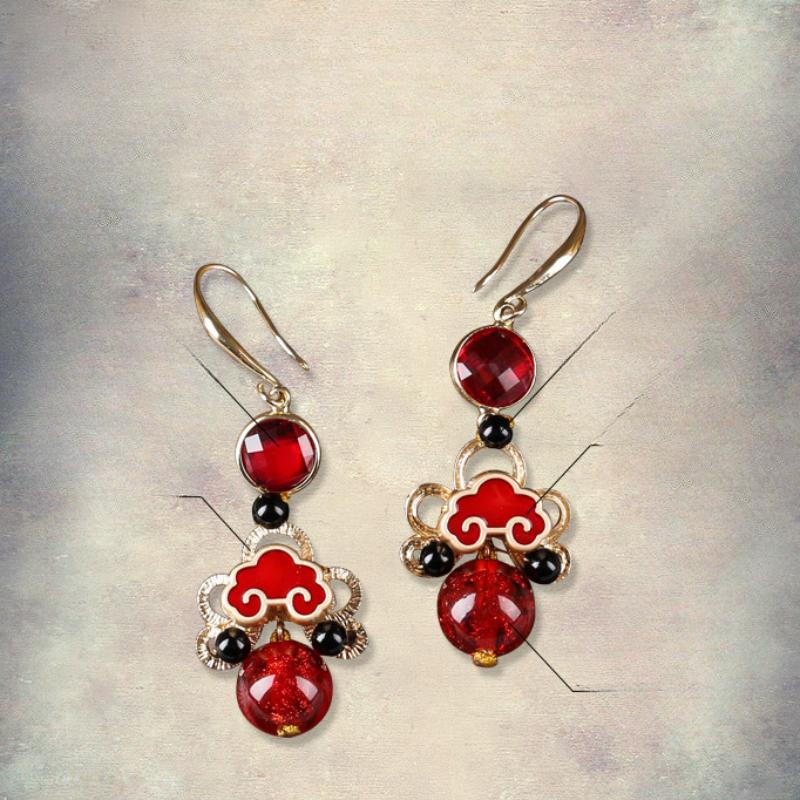 GemChic Women's New Vintage Red Coloured Glaze Alloy Tassel Fringe Earrings Ethnic Fashion Hook Earrings Birthday Christmas Jewelry Gift
