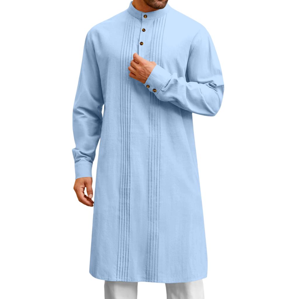 Mens Kaftan Thobe Button Down Casual Shirts Long Sleeve Robe Cotton Linen Muslim Gown Shirt
