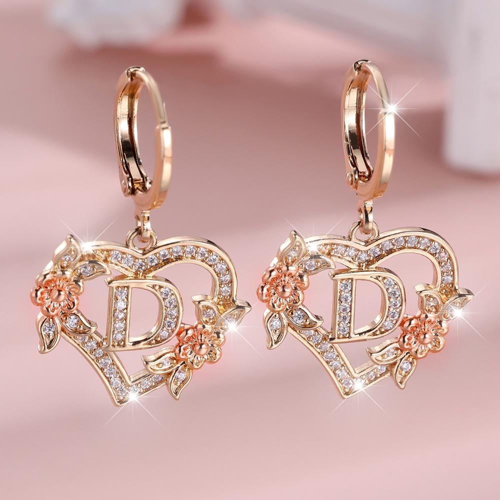 A-Z 26 Buchstaben Damen Herz Blume Creolen Vintage Goldfarbe Weiß Zirkon Hochzeits Schmuck Für Frauen