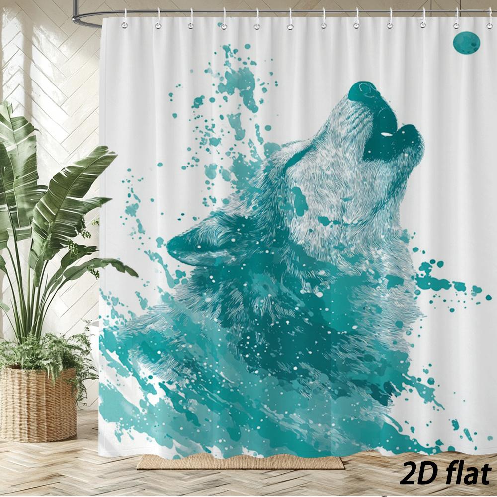 

Wolf Shower Curtain – Teal Watercolor Howl Design, 2D Flat, 12 Hooks, 70.8×70.8 In, Polyester, Machine Washable W60H190(CM)-1 Pcs