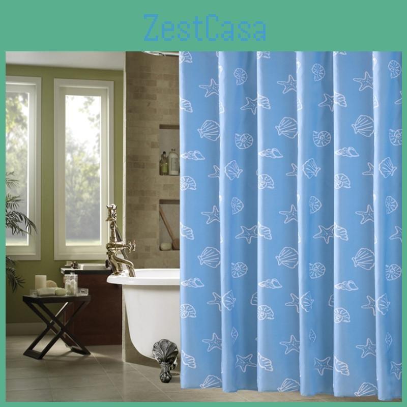 Blue Printing Mediterranean Shower Curtain With Hooks  Waterproof Bathroom