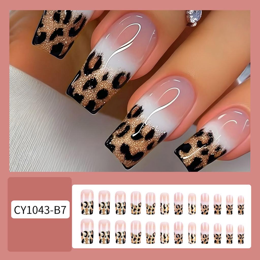 24 Piezas Uñas Postizas a Presión con Purpurina Diseños de Leopardo Cobertura Completa Uñas Acrílicas Artificiales Manicura Nail Art para Mujeres