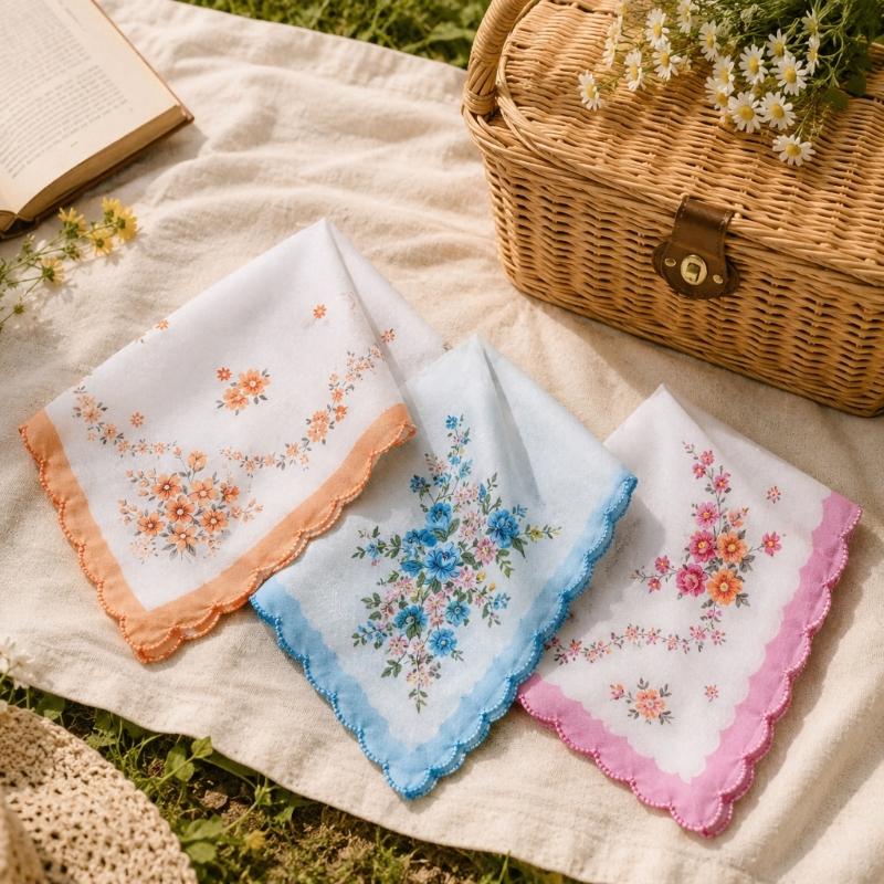 Flower Motif Handkerchief Set, 18Pcs Soft Cotton Cloths with Scalloped Trim for Personal Wiping, Table Settings, and Small-Item Wrapping
