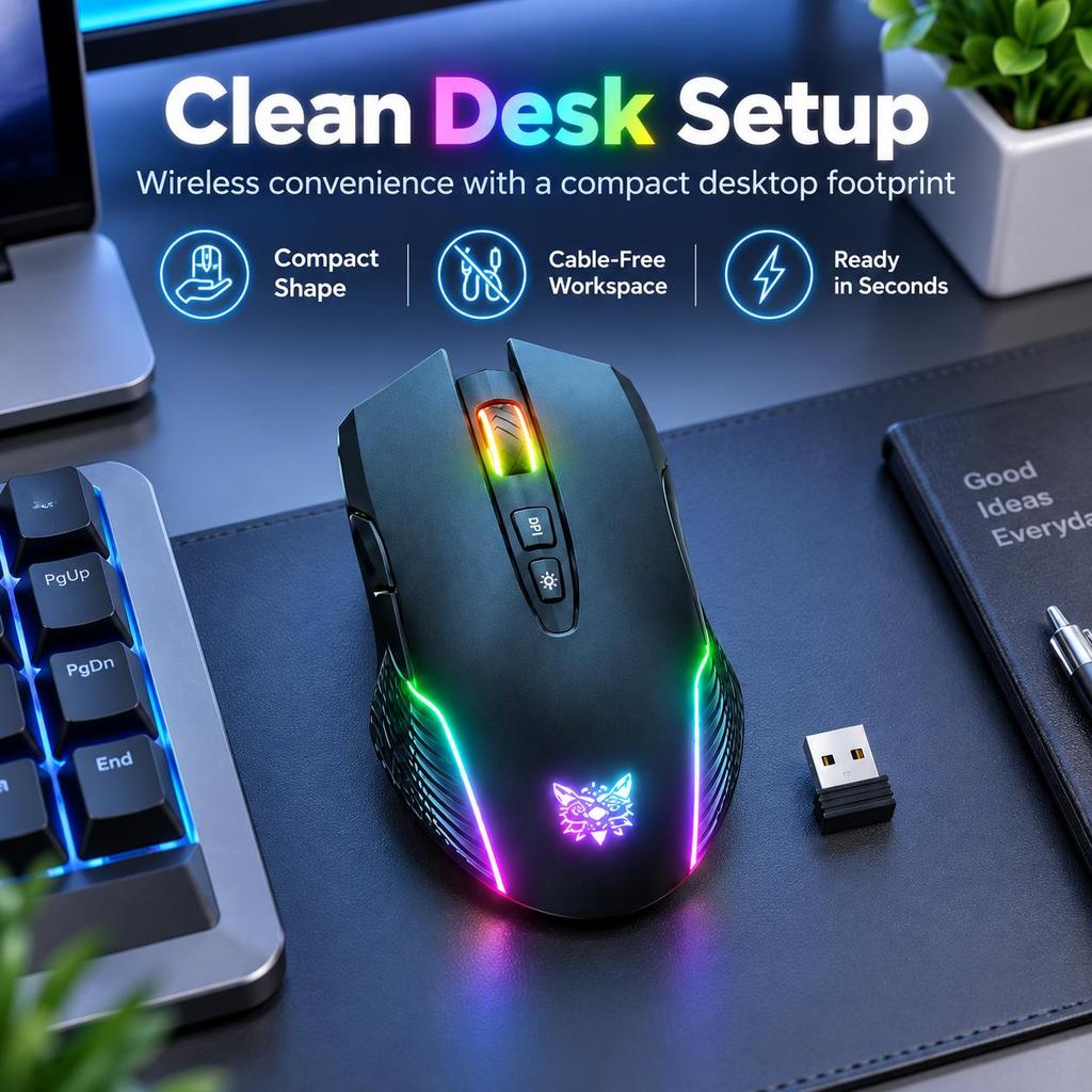 2.4G Wireless RGB Optical Gaming Mouse, Pixart PAW3325 Sensor, 3600 DPI Remappable Buttons Ergonomic Grip