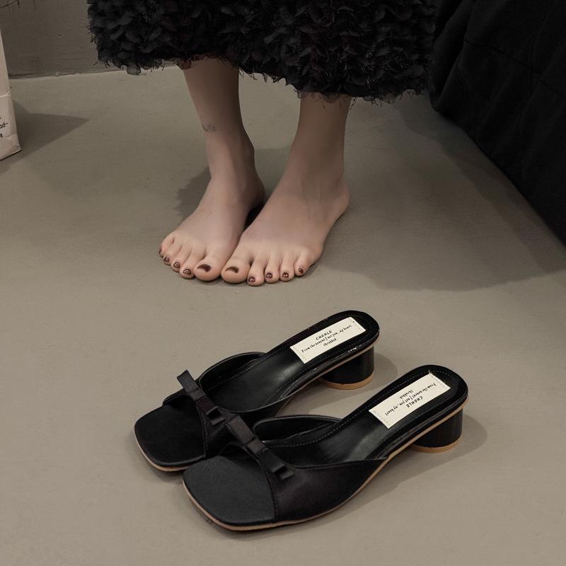 Slippers women's summer new pink thick heel square head sandals bow toe wear high heels