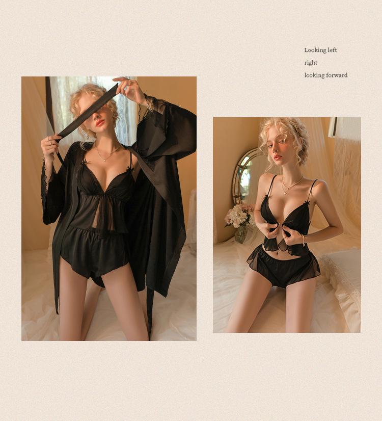 Sexy Pyjama-Set aus Eisseide mit kurzem Knopf vorne und Bauchband für Damen